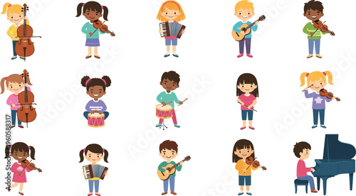 Kids playing musical instruments collection with violin cello piano guitar accordion and drums cartoon children vector illustration set