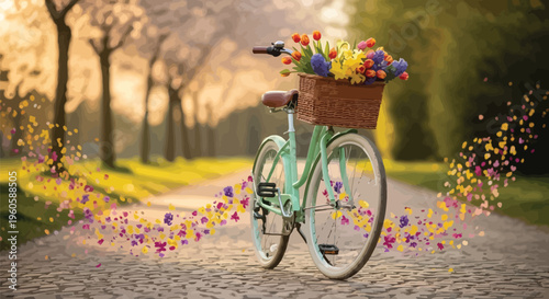 Whimsical light green vintage bicycle with a wicker basket overflowing with colorful spring flowers stands on a cobblestone path with magical swirling petals.