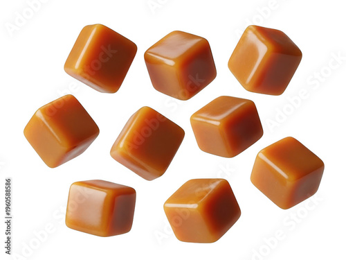 Scattered caramel candies on a white surface, sweet treats arranged isolated on transparent background
