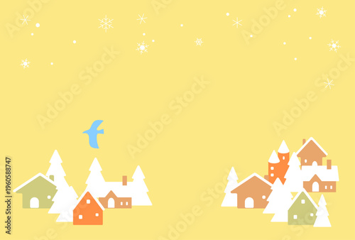 Yellow Winter Town with Muted Color Houses Horizontal Background with Copy Space, Cozy Snowy Village Vector Illustration