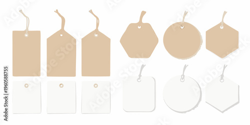 Collection of blank gift tags in various shapes and neutral tones