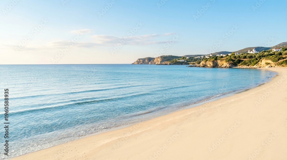 Fototapeta premium Beautiful tropical beach landscape with white sand, turquoise water, and clear blue sky. Summer vacation destination and travel concept