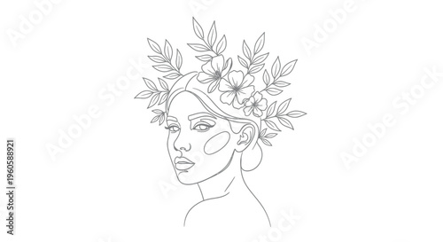Elegant Line Art Woman Portrait with Floral Crown