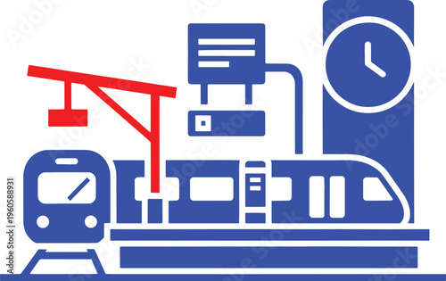 Blue and red metro train station sign with clock and ticket machine