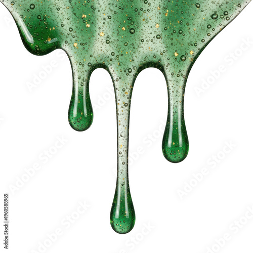 Green gooey substance with gold specks dripping isolated on transparent background