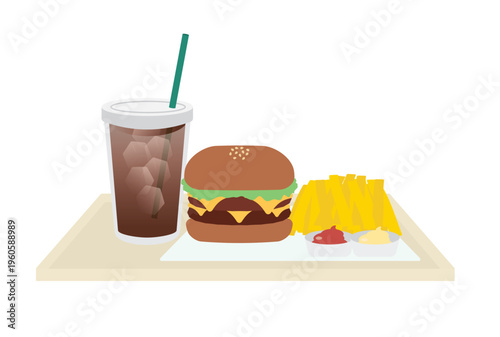 コーヒーとチーズバーガーとフレンチフライのセットのイラスト