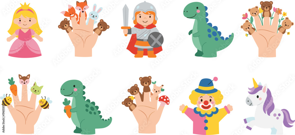 Fototapeta premium Kids toys and finger puppets collection princess knight dinosaur clown unicorn cartoon vector illustration set