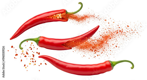 Red chili peppers with chili powder explosion on black background