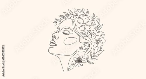 Foto Elegant Woman Face with Flowers and Leaves Line Art
