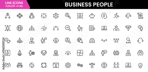 Business people line icons set. Businessman outline icons collection. Teamwork, human resources, meeting, partnership, meeting, work group, success, resume 