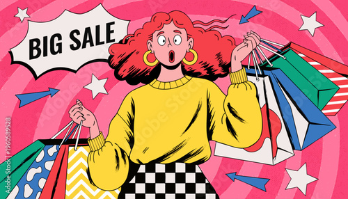 Surprised Woman with Many Shopping Bags and Big Sale Speech Bubble, Retro Pop Art Illustration for Retail Marketing and E-commerce Promotions