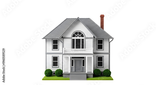 White house with gray roof and red brick chimney architecture