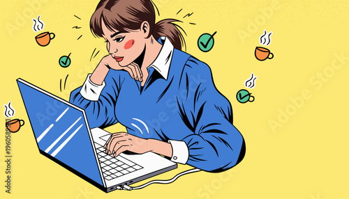 Modern Pop Art Illustration of a Productive Woman Working on a Laptop at Home Office Desk with Coffee and Success Icons