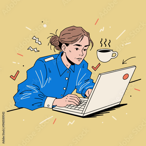 Modern Pop Art Illustration of a Productive Woman Working on a Laptop at Home Office Desk with Coffee and Success Icons