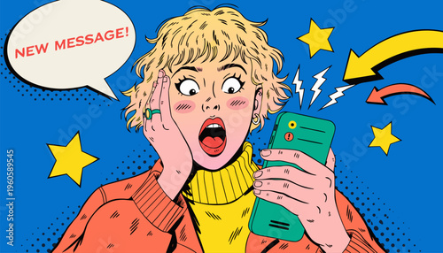 Pop Art Style Illustration of a Shocked Woman Checking a New Message on Smartphone for Social Media Marketing, Breaking News Alerts, and Mobile Notification Concepts
