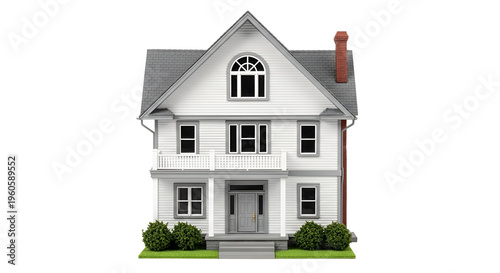 White two-story house with gray roof and red brick chimney
