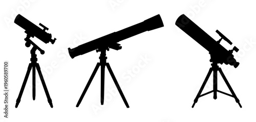 Telescope stargazing silhouette set with a single telescope silhouette against a star-filled night sky featuring night, stars, telescope with silhouette and astronomy