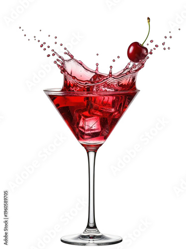 A martini glass with red liquid splashing and a cherry on transparent background