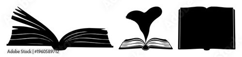 Book silhouette set with bold black outline of an open book against white background featuring minimalist design, line art, silhouette illustration with books and reading