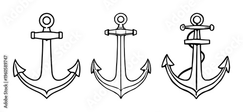 Anchor nautical icon set with maritime theme and simple line art style featuring nautical symbols, ship helm, sailor instruments with maritime and oceanic