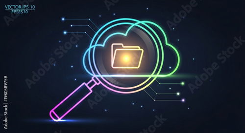 Neon cloud storage concept with magnifying glass and folder icon in dark background