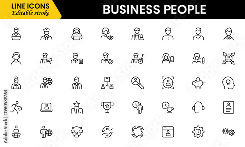 Business people line icons set. Businessman outline icons collection. Teamwork, human resources, meeting, partnership, meeting, work group, success, resume 