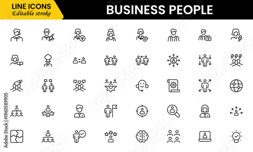 Business people line icons set. Businessman outline icons collection. Teamwork, human resources, meeting, partnership, meeting, work group, success, resume 