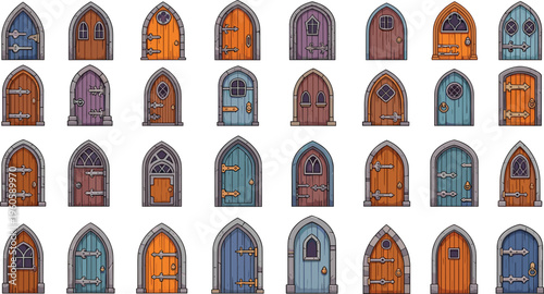 Medieval wooden doors collection with fantasy castle entrances arched frames and decorative vintage styles vector illustration set