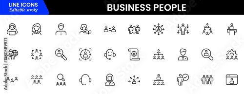 Business people line icons set. Businessman outline icons collection. Teamwork, human resources, meeting, partnership, meeting, work group, success, resume 