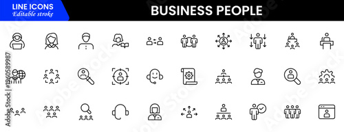 Business people line icons set. Businessman outline icons collection. Teamwork, human resources, meeting, partnership, meeting, work group, success, resume 