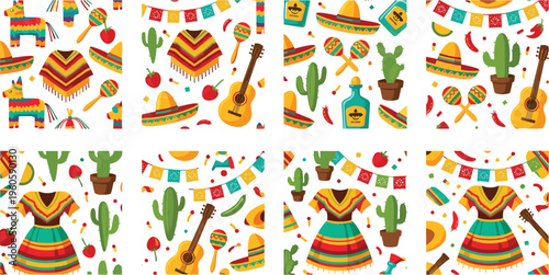 Mexican fiesta seamless patterns collection with sombrero guitar cactus chili and traditional decorations vector illustration set
