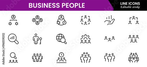 Business people line icons set. Businessman outline icons collection. Teamwork, human resources, meeting, partnership, meeting, work group, success, resume 