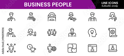 Business people line icons set. Businessman outline icons collection. Teamwork, human resources, meeting, partnership, meeting, work group, success, resume 
