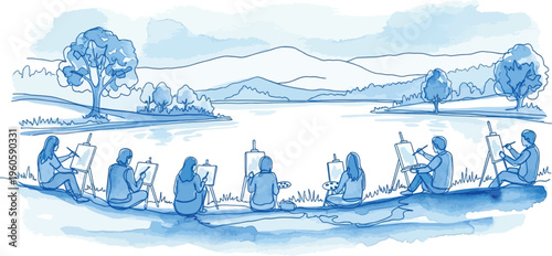 people meditating on a boat in a serene lake landscape