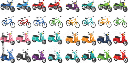 Motorcycles bicycles and scooters collection colorful urban transport vehicles vector illustration set