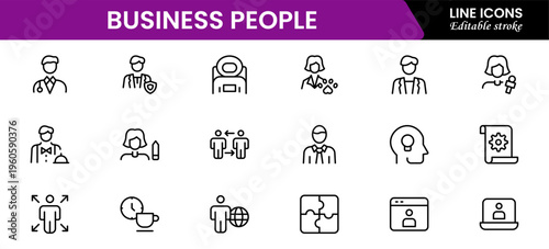 Business people line icons set. Businessman outline icons collection. Teamwork, human resources, meeting, partnership, meeting, work group, success, resume 