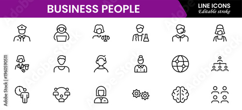 Business people line icons set. Businessman outline icons collection. Teamwork, human resources, meeting, partnership, meeting, work group, success, resume 