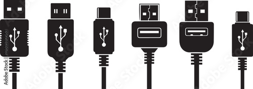 USB Cable Connector Icon Set: Type-A, Type-C, and Micro USB Plug Silhouettes