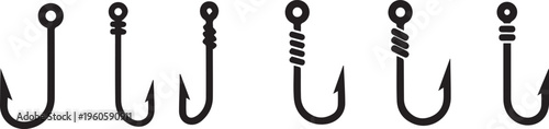 Fishing Hook Icon Set: Sharp Metal Barbs and Angling Tackle