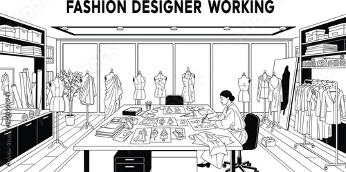 Black and white illustration of a fashion designer working in an atelier studio with mannequins, sketches, fabric rolls, and clothing racks. (22 words)
