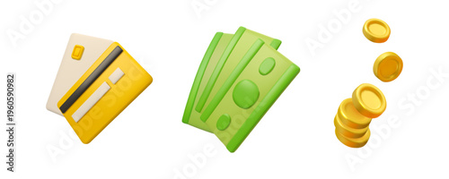 Vector 3d money icon set. Cash bills, coins and bank card. Income, deposit or payment concept
