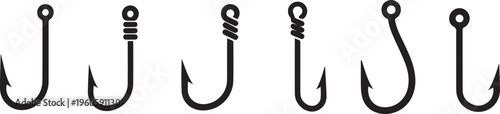 Fishing Hook Vector Icon Set: Sharp Barbed Fish Hook Silhouettes for Angling and Nautical Design