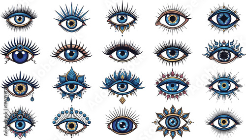 Mystical eye symbols collection decorative evil eye talismans boho spiritual vector illustration set