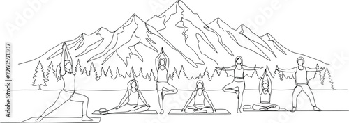 yoga poses in front of mountain range