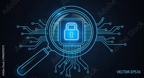 Cyber security concept with magnifying glass and padlock on circuit board background