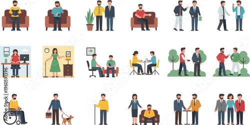 People daily life activities collection with office work social interaction walking and lifestyle scenes vector illustration set