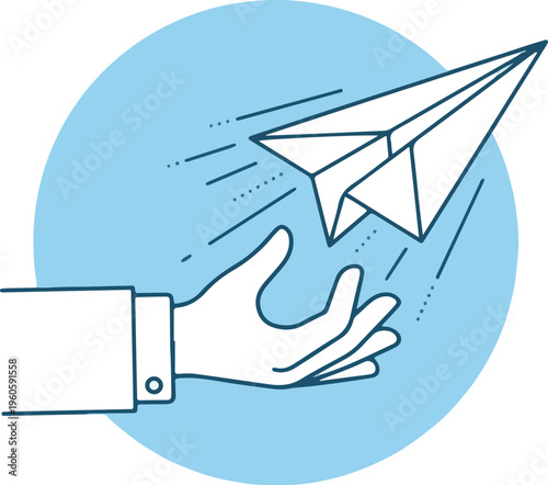 Hand-Drawn Line Art Paper Airplane Startup Concept, Hand Drawn Vector Illustration of a Hand Tossing a Paper Airplane for Startup Launch Concept