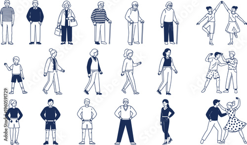 People walking and daily activities collection with different ages poses and lifestyles outline character vector illustration set