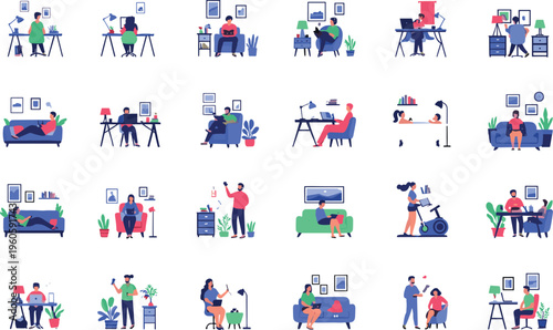 People working from home collection with remote office activities freelancers and home workspace scenes vector illustration set
