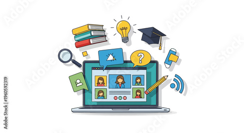 Online education concept illustration laptop computer study